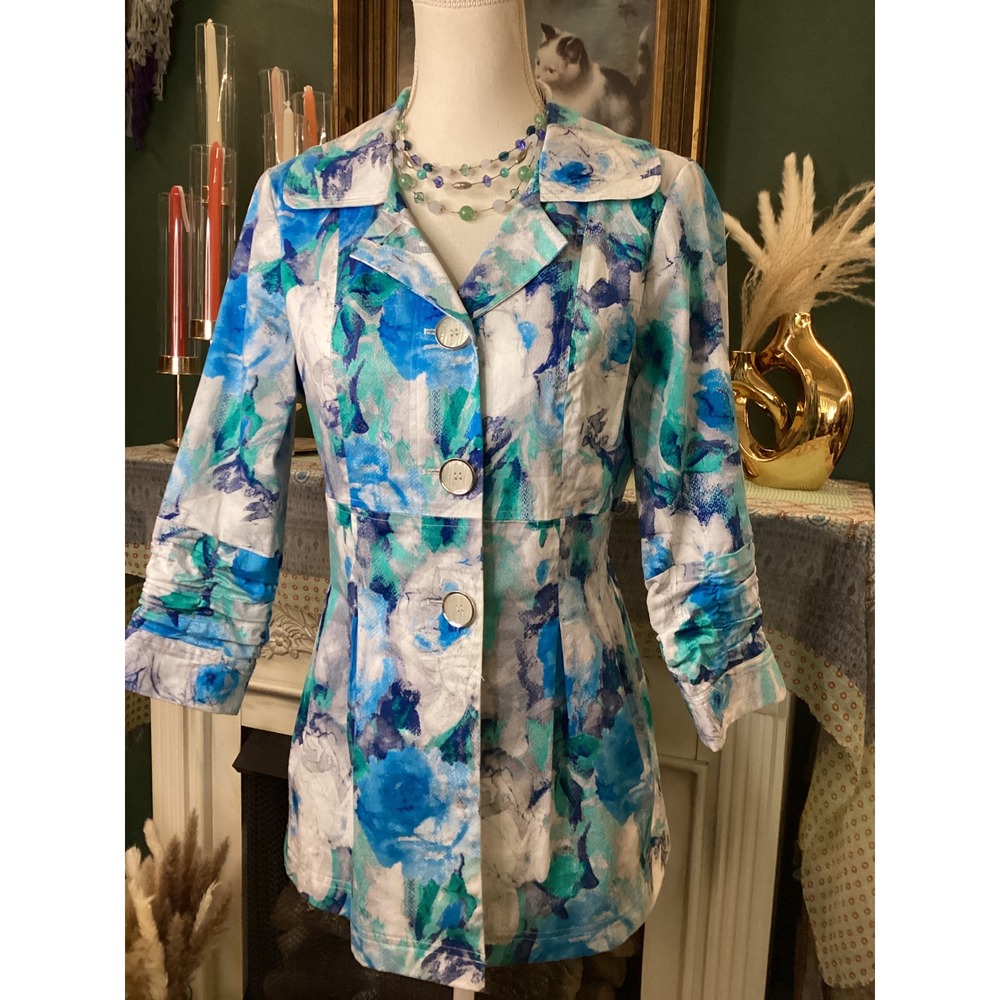 Multiples Womens Blue Floral Watercolor Ruched Sleeve Button Up Jacket Size S
